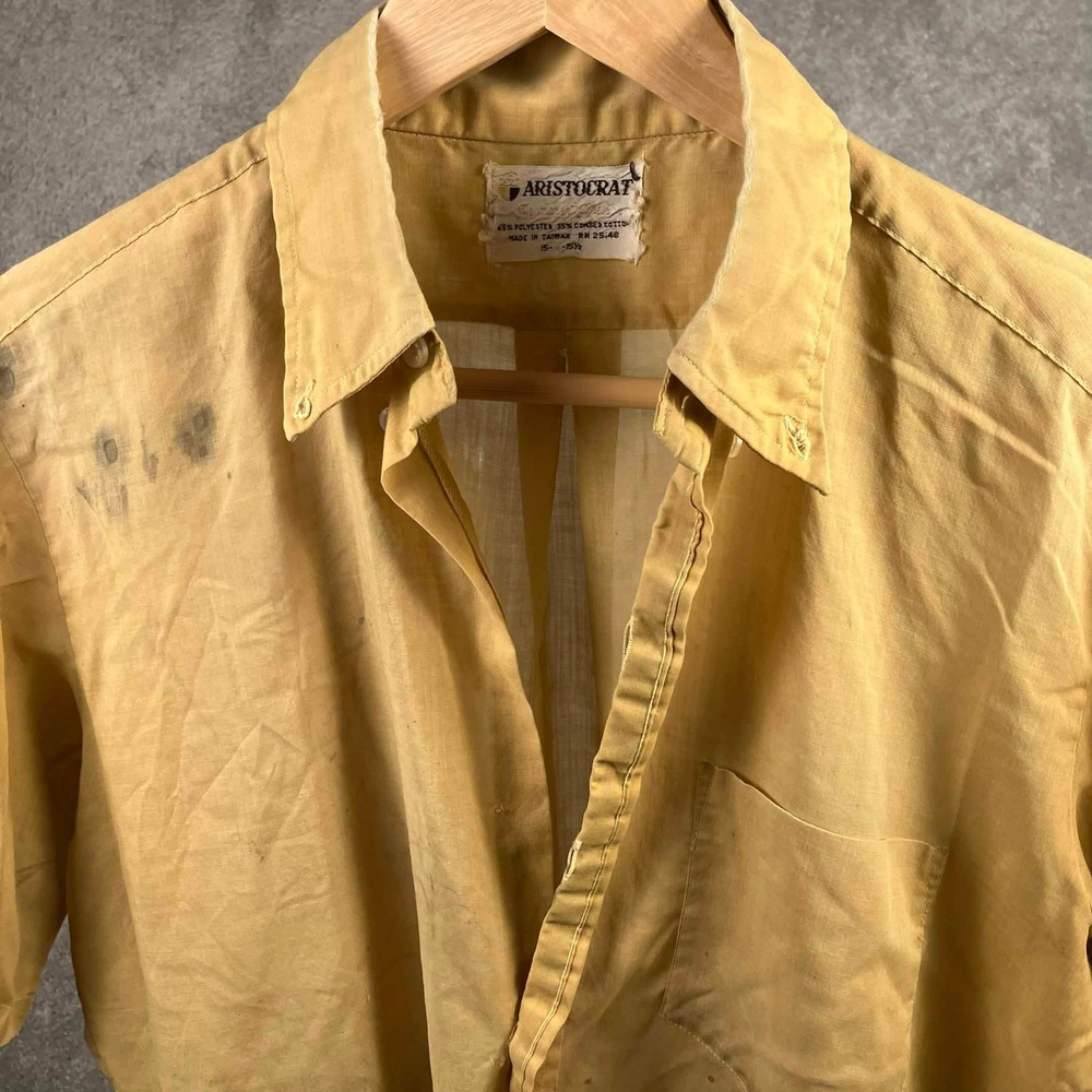 Vintage 60s Aristocrat Mens Short Sleeve Shirt Yellow Mustard Paper Thin 15-15.5